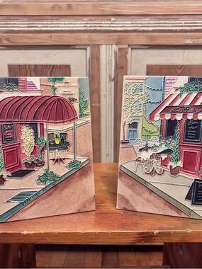 Pair of Embossed Café Street Scene Wall Art - Red and Cream